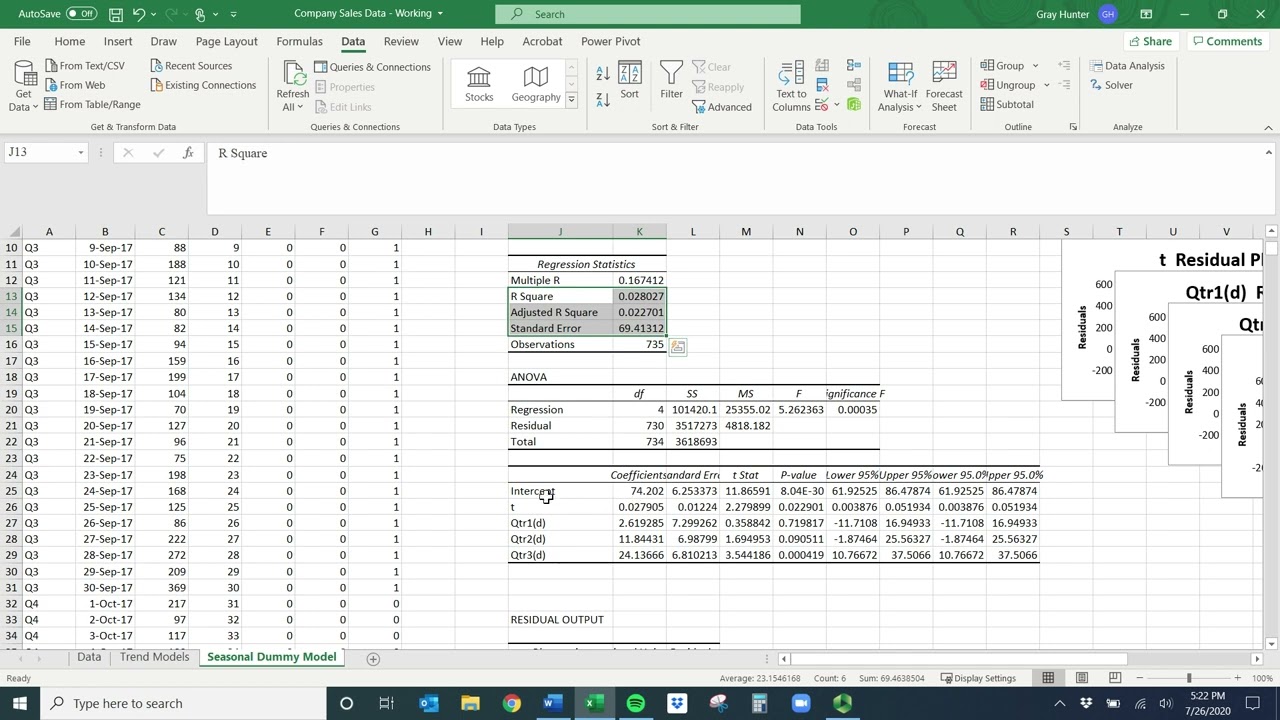 Estimating Seasonal Dummy Variable Regression Models using the Data Analysis ToolPak in Excel.