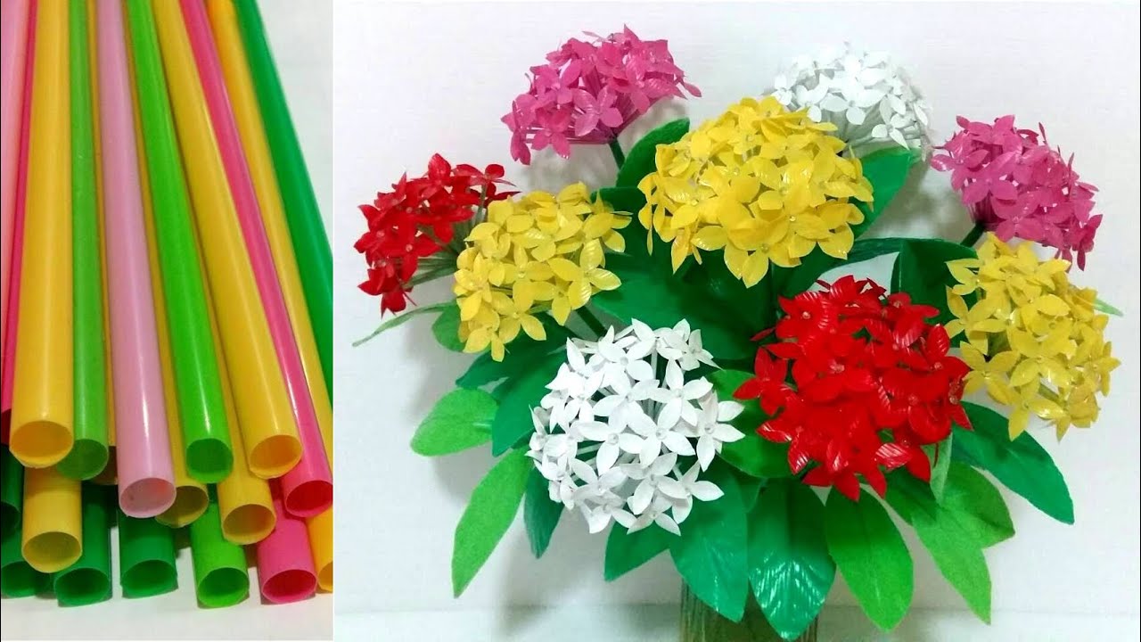 ดอกไม้จากหลอด ดอกเข็มจากหลอด by มายมิ้นท์ Ixora coccinea flower from straws.