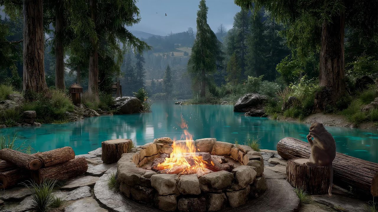 Forest Stream with Campfire | Cozy Fireplace, Birdsong & Water Sounds for Sleeping