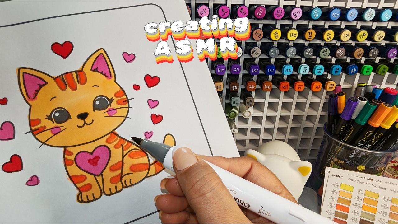 ASMR Coloring l Cute Cat  | Satisfying Ohuhu Markers (No Talking) 