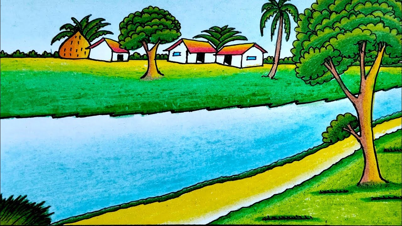 Lakeside Village Scenery Drawing with Oil Pastel | Prakritik Drishya Scenery Drawing