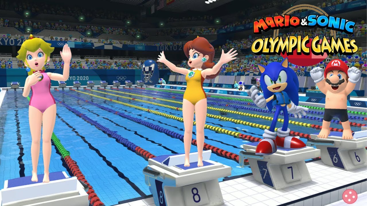 Swimming 100m Gameplay : Mario & Sonic At The Olympic Games Tokyo 2020 Peach & Daisy Sonic Mario ++
