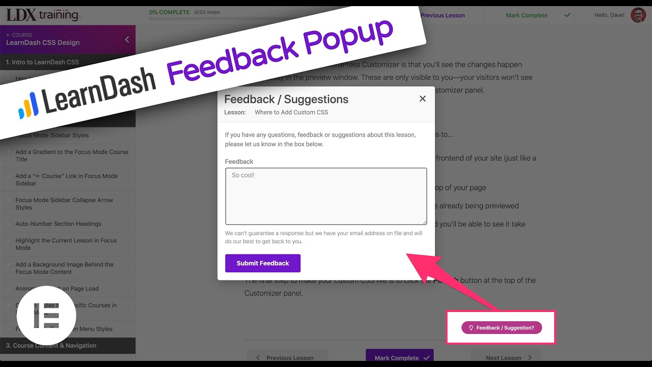 Create a LearnDash Lesson Popup Feedback Form w/ Elementor