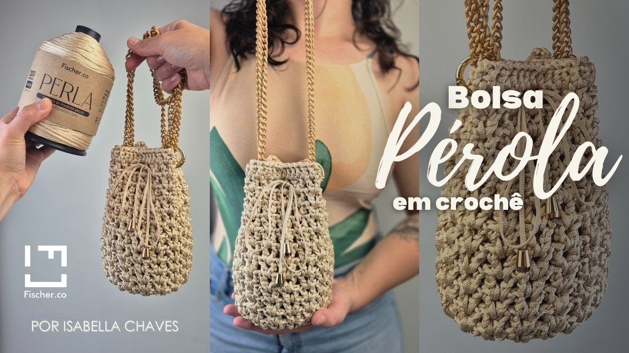 Bolsa saco em Crochê | Bolsa Pérola com fio Perla da Fischer - Tutorial rápido Isabella Chaves✨