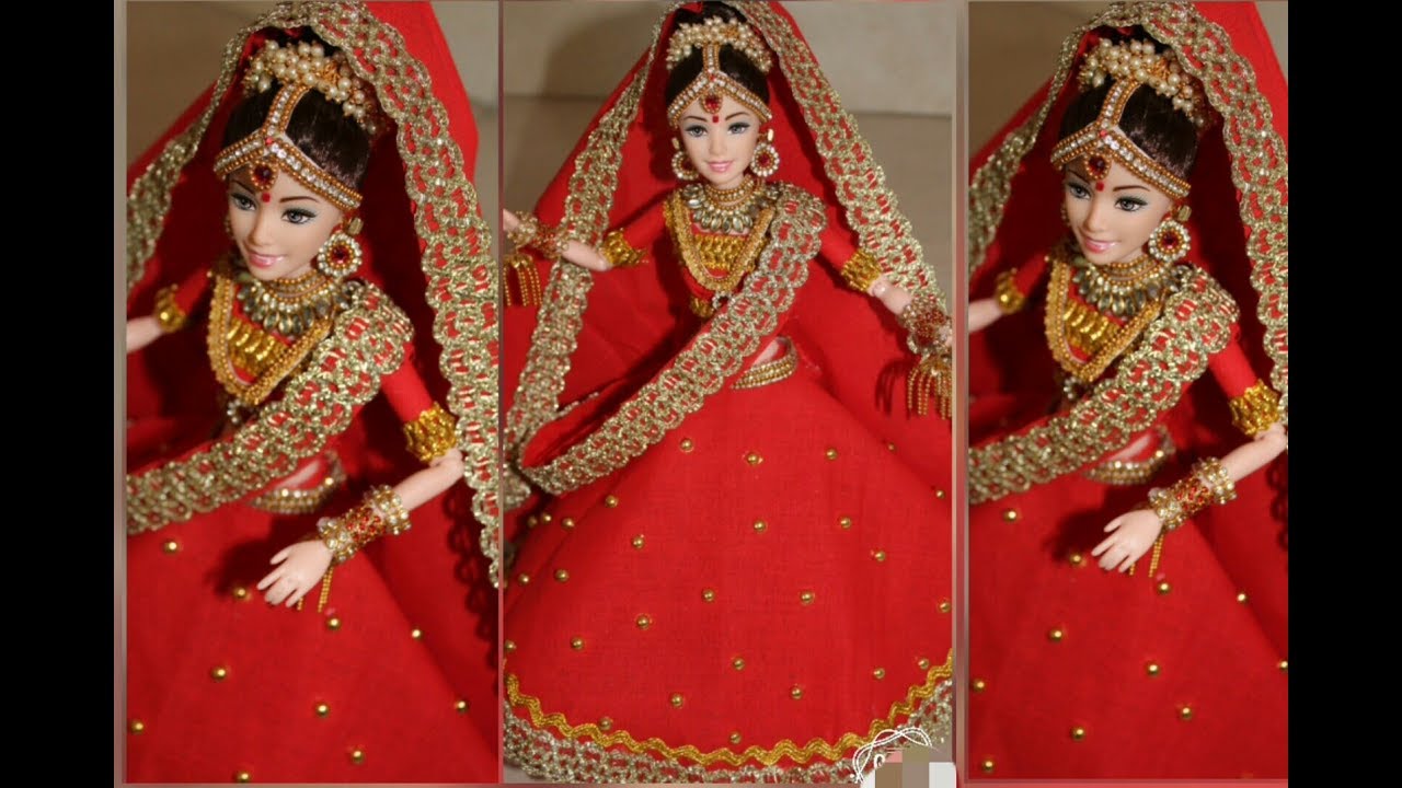 DIY/Indian Bridal lehnga Making for Barbie Doll/Designer Bridal Dress/Jewelry making at home..