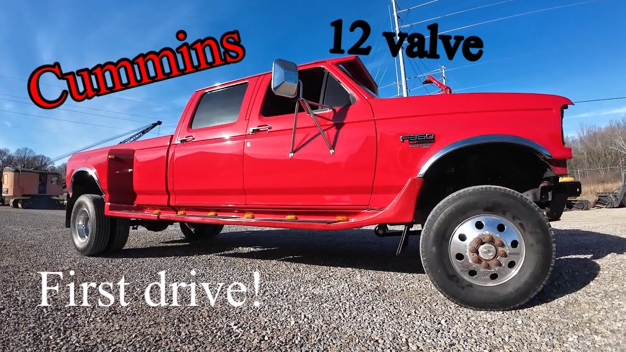 First drive in Tuckers Cummins 12 valve powered 1995 Ford F350 dually 4x4 conversion #cummins #obs