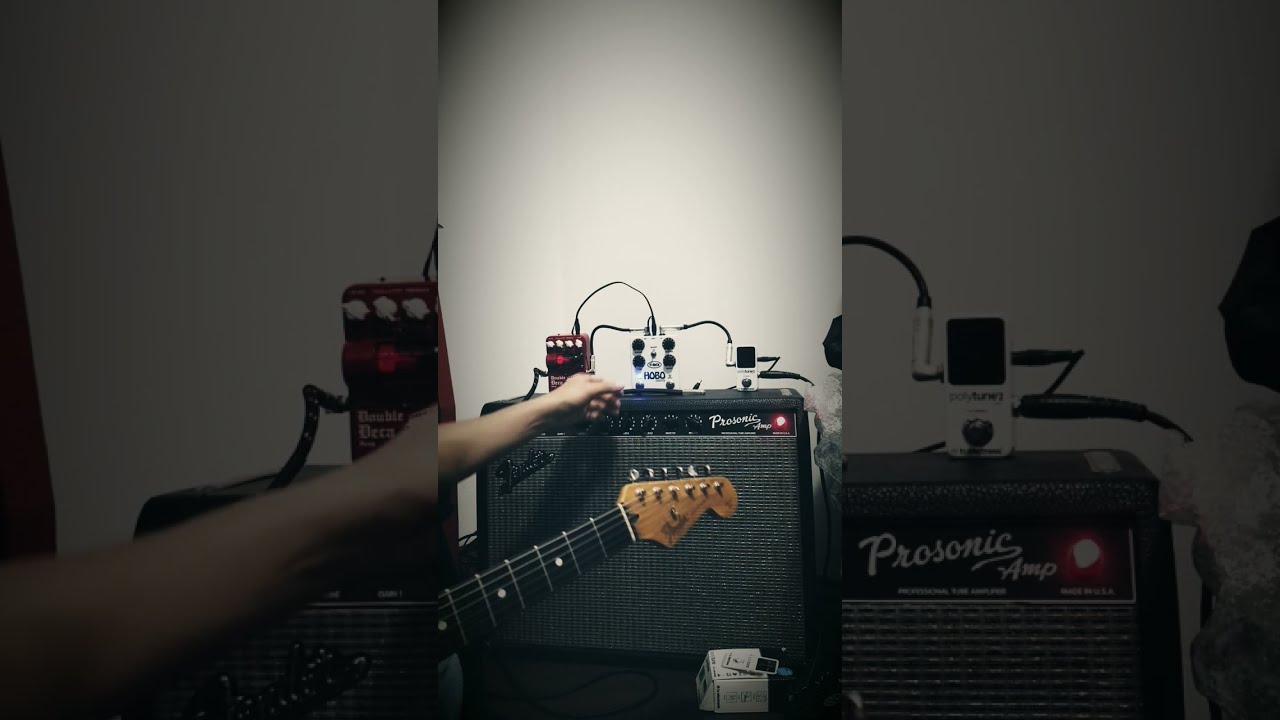 Fender Strato USA, T-Rex Hobo Drive, Vox Double Deca Delay, Fender Prosonic