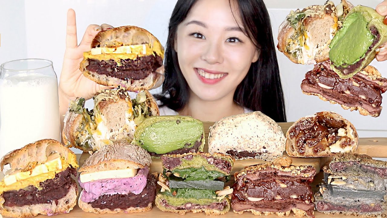 SUB) ASMR Mukbang Кремовый хлеб 🍞 Уродливая выпечка с десертом 🍩 И масло, Мамонт, Шоколад, Матча