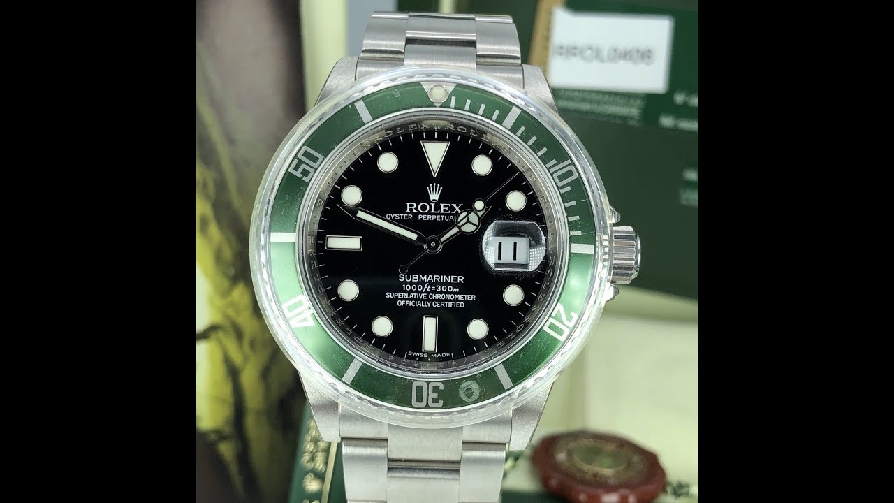 2008 NOS Rolex 16610LV Submariner Anniversary Green Kermit Full Set Card M