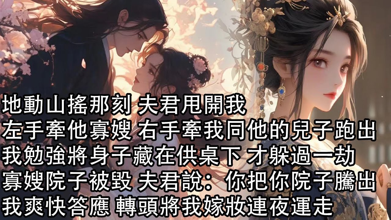 【一口氣看完】地動山搖那刻 夫君甩開我，左手牽他寡嫂 右手牽我同他的兒子跑出，我勉強將身子藏在供桌下 才躲過一劫，寡嫂院子被毀 夫君說：你把你院子騰出，我爽快答應 轉頭將我嫁妝連夜運走