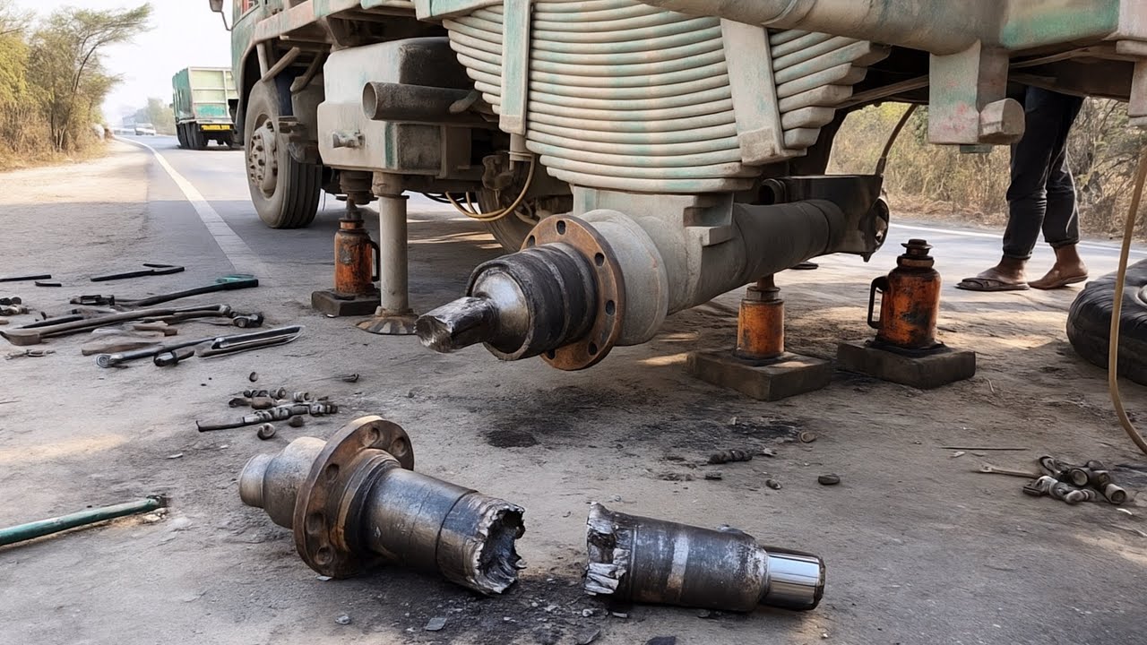 Shocking breakdown: Rear axle of overloaded truck breaks. Pakistani mechanic repairs it on the spot