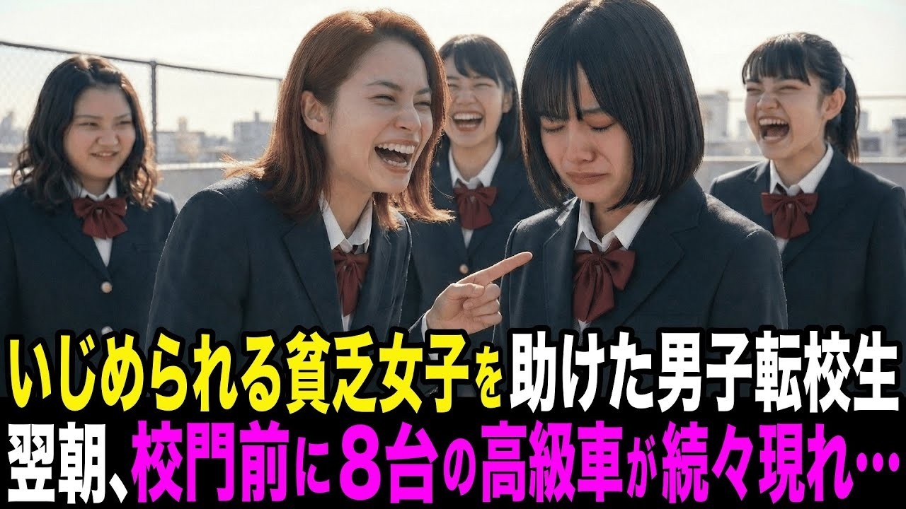 学校でいじめられる貧乏女子を助けた男子転校生。翌日、学校に黒塗りの高級車が続々と現れ…