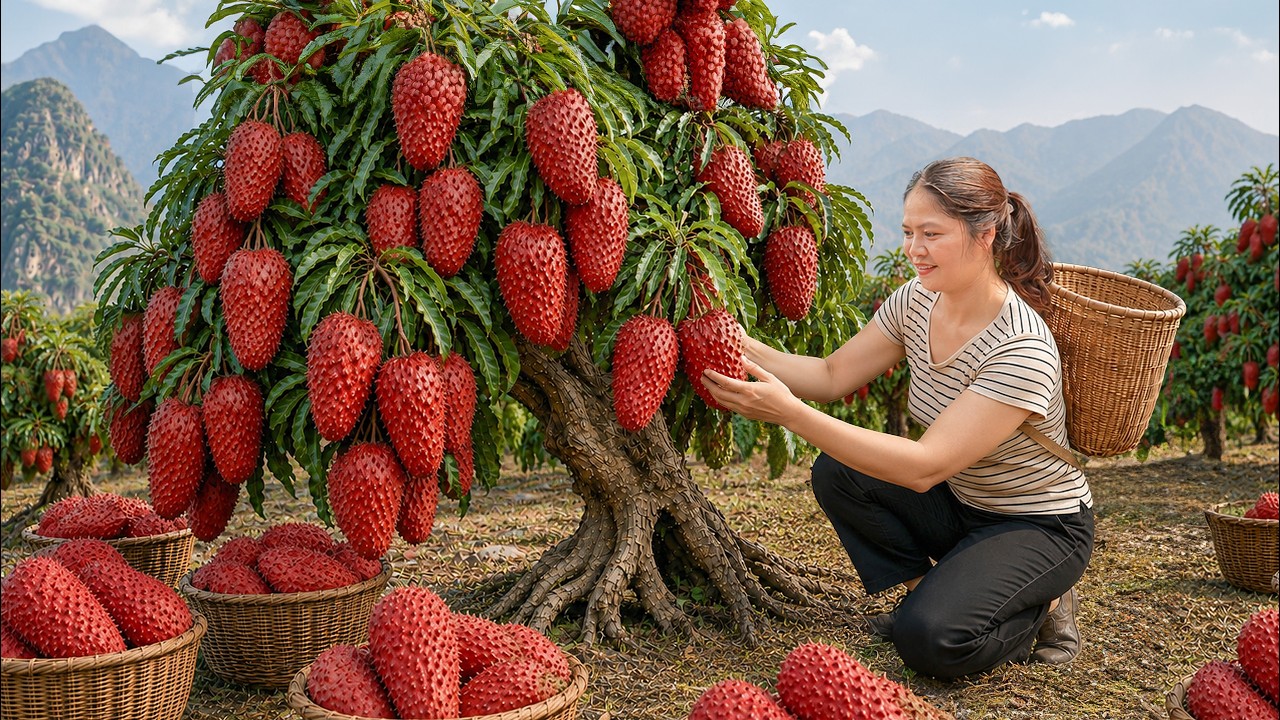 Harvesting 288Kg Giant Red Custard Apples to Sell at Village Market | Rare Tropical Fruit