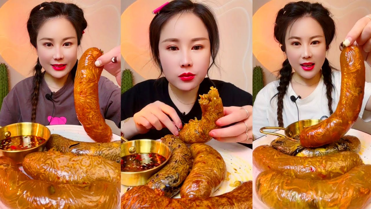 ASMR | chinese spicy rice noodle rolls with vegetable sausage | mukbang spicy food eating show