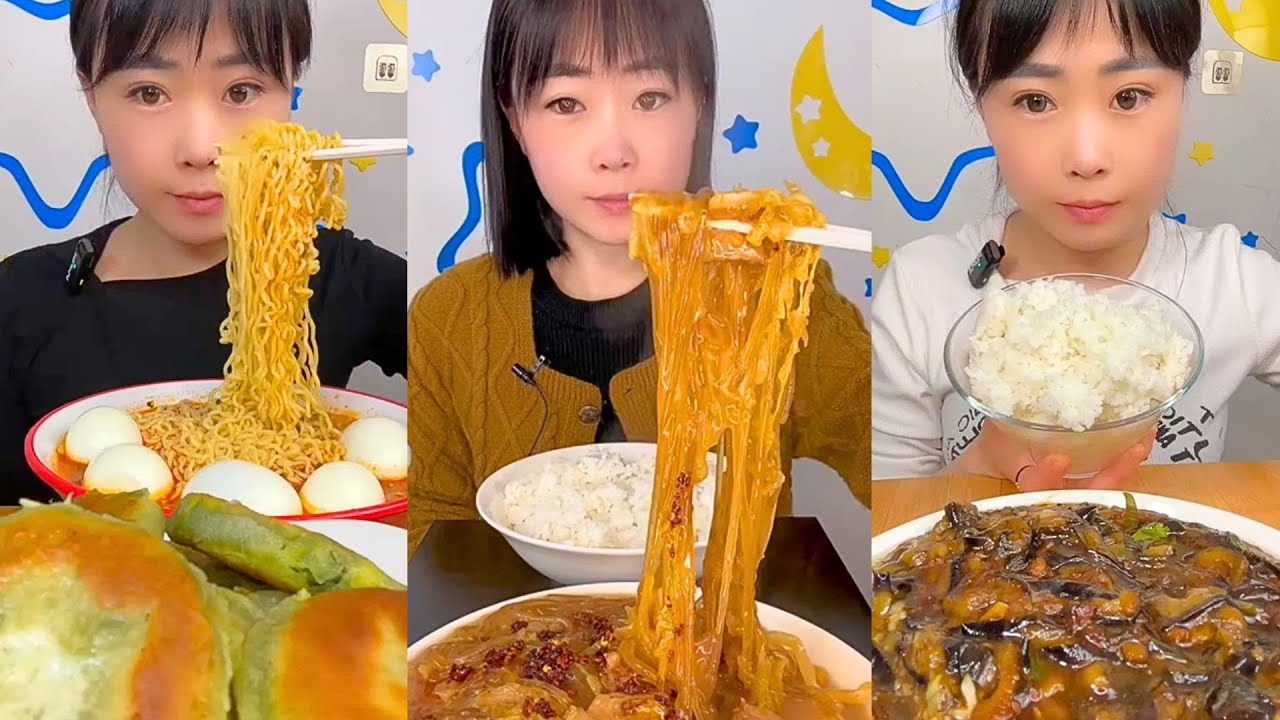 Spicy Noodles, Enoki Mushrooms, Rice, and Eggplant Mukbang Meal