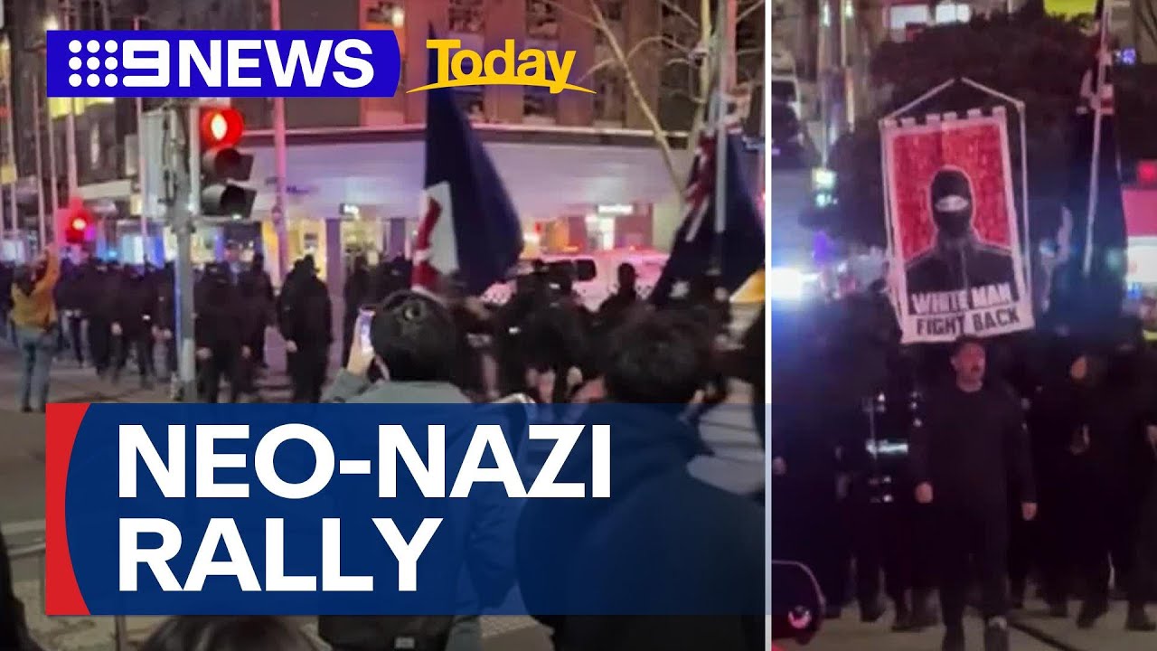 Masked neo-Nazis march through Melbourne's CBD | 9 News Australia