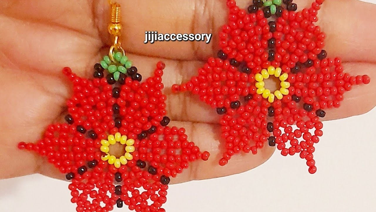 Poinsettia çiçeği şeklinde boncuklu küpeler (çok kolay)Easy christmas beaded  earrings 🍃💐