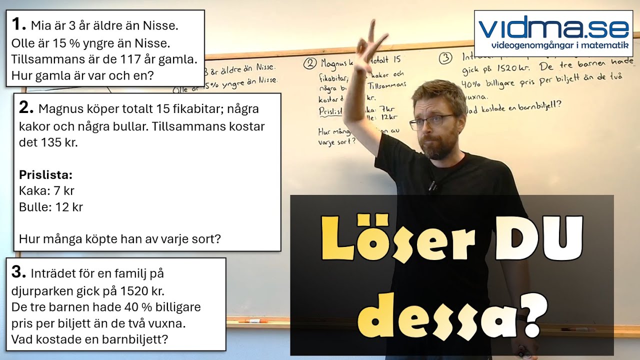 Matematik niv&aring; 1. L&Ouml;SA PROBLEM med hj&auml;lp av EKVATIONER.