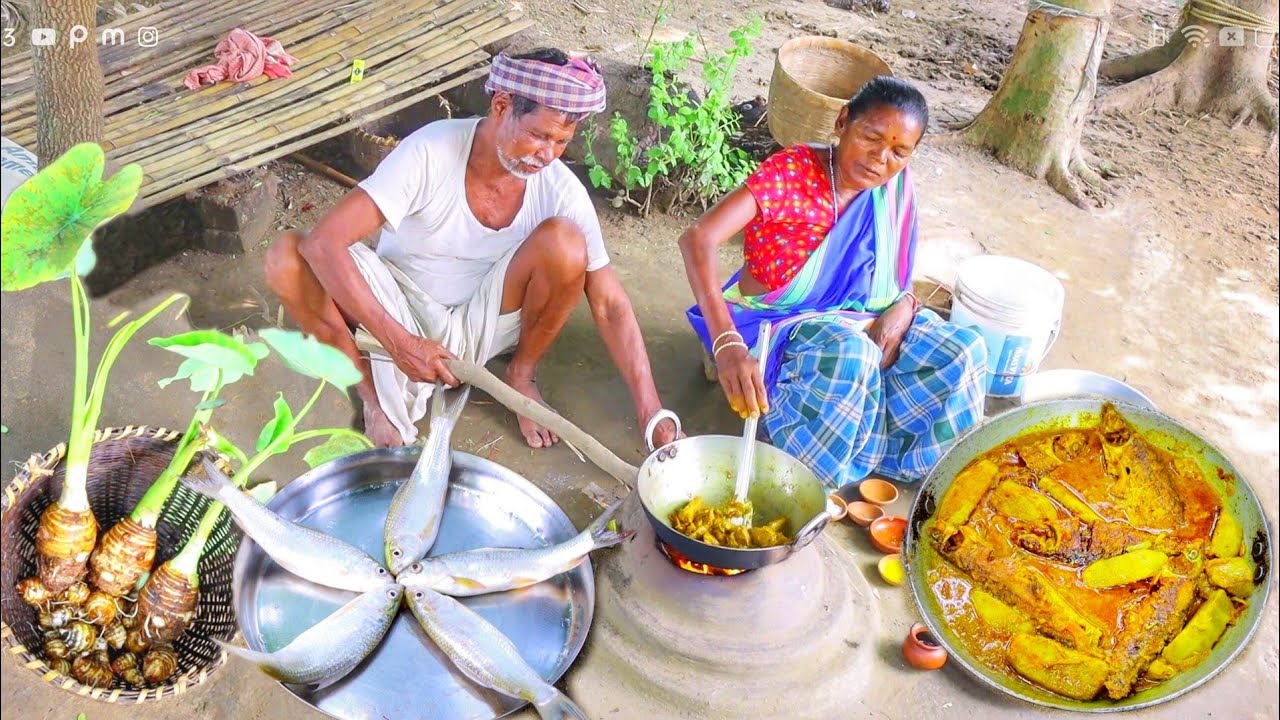 santali tribe grandma cooking wild taro root curry with fish in her traditional method || fish curry