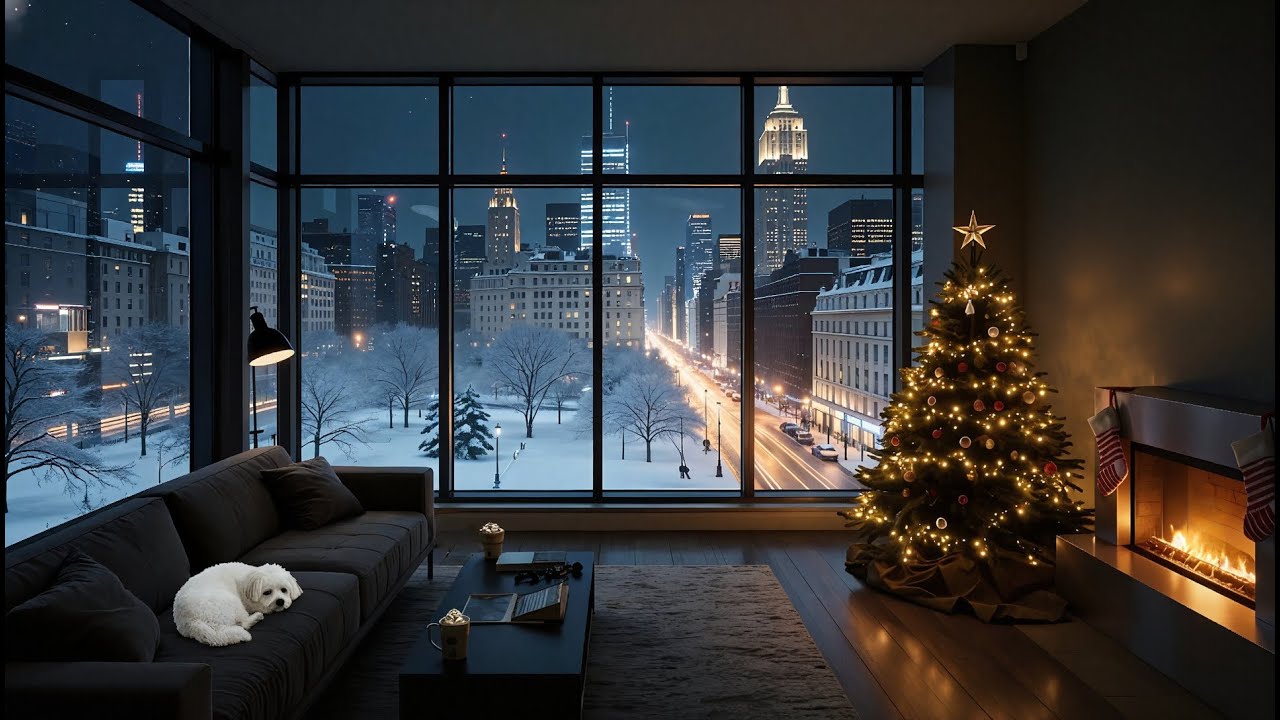 🎄 Christmas in the City 🌃 Snowy view • 🔥Fireplace •🎷Lo-Fi Jazz • 😌 Relaxing • 💤 Sleep • 🎧 Deep Focus