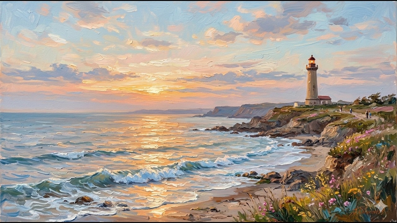 Lighthouse Sunset 🌅 | Relaxing Coastal Painting for TV Background | Peaceful Ocean Waves Ambient Art