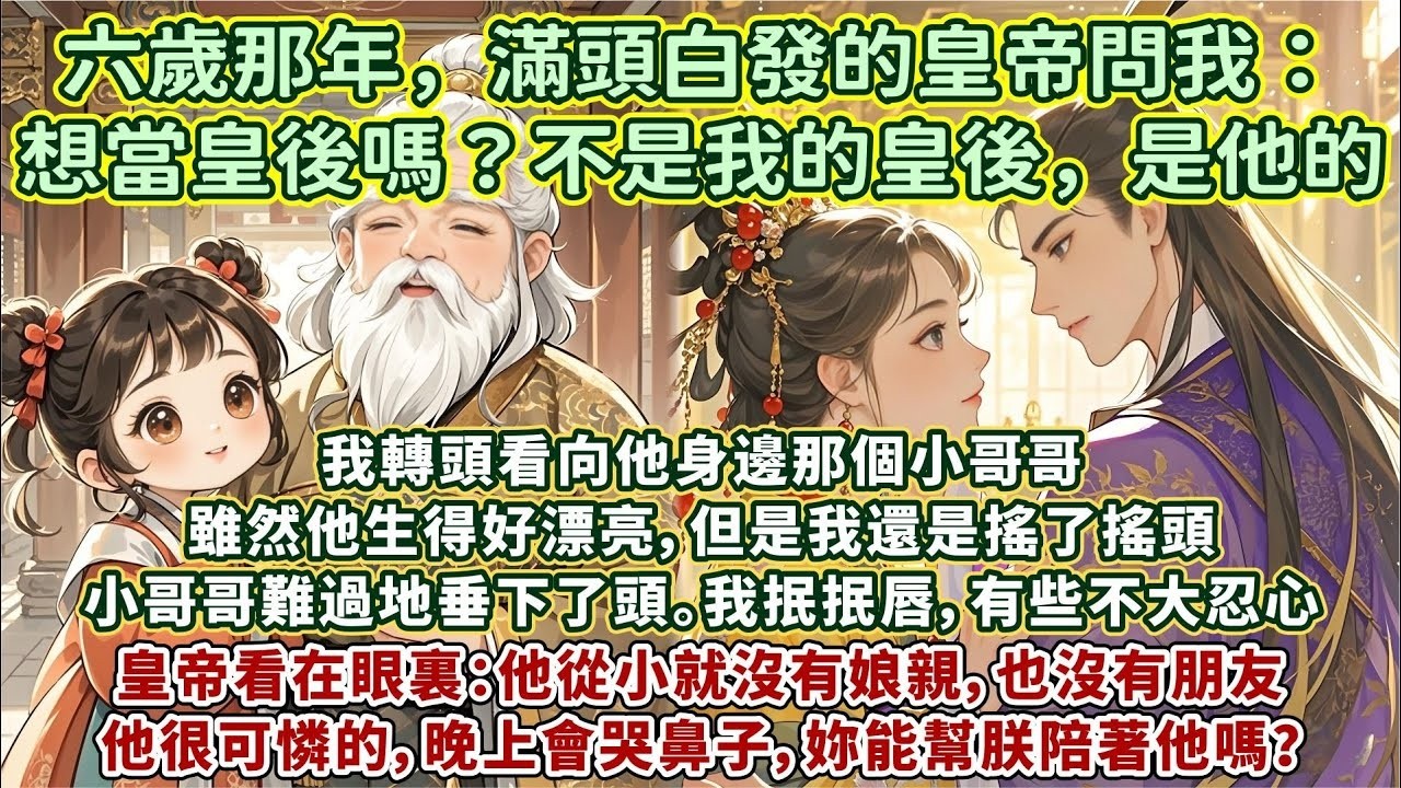 完結細膩平淡好哭文：六歲那年，滿頭白發的皇帝問我：好孩子，想當皇後嗎？我害怕地躲在我爹身後，腦袋搖得似撥浪鼓。皇帝笑著摸了摸我的頭：不是我的皇後，是他的。我轉頭看向他身邊那個他生得好漂亮的小哥哥