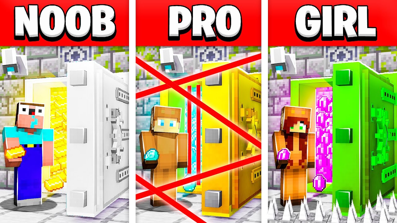NOOB vs PRO vs GIRL FRIEND IMPOSSIBLE BANK VAULT BUILD BATTLE! (Building Challenge)