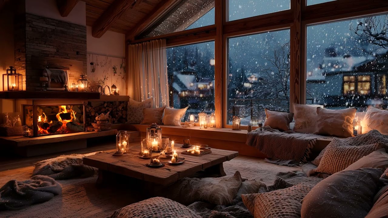 Warm Fireplace & Soft Piano Relaxing Holiday Ambience with Snowfall