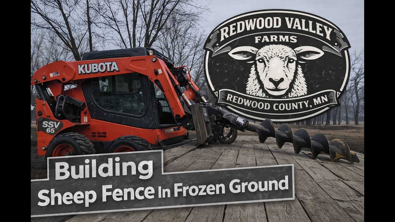 Drilling fence posts holes through frozen ground to continue building out our sheep barn!