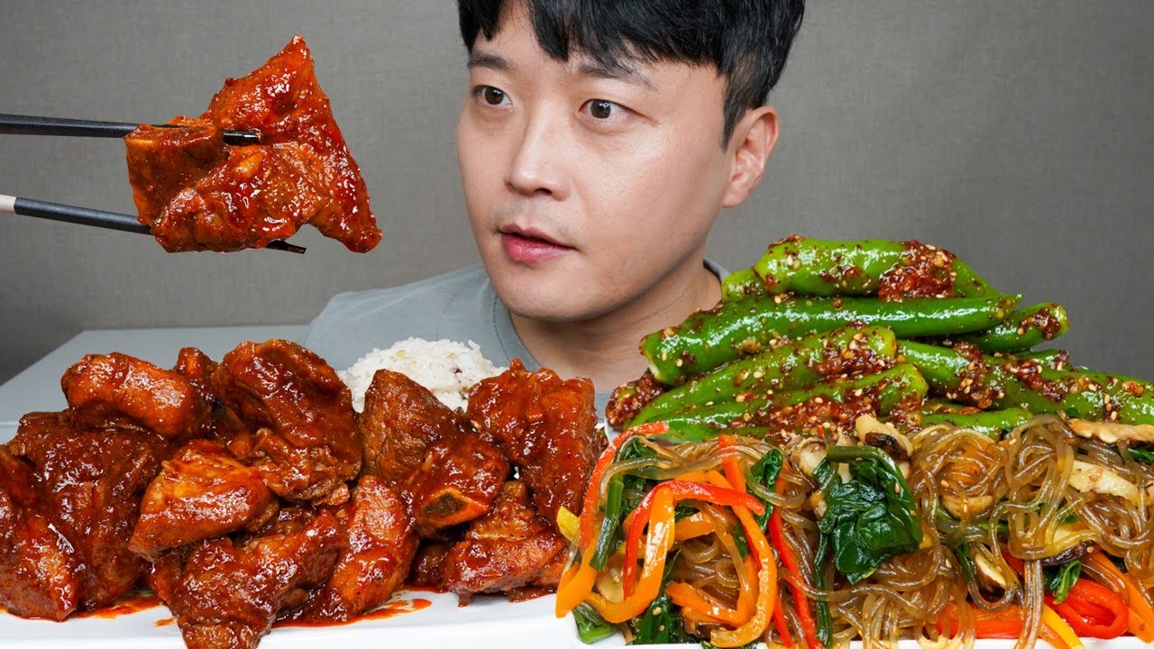 [와차밥] 매운돼지갈비찜 잡채 땡초된장무침 먹방 Spicy Braised Pork Ribs & Japchae ASMR MUKBANG EATING SOUND