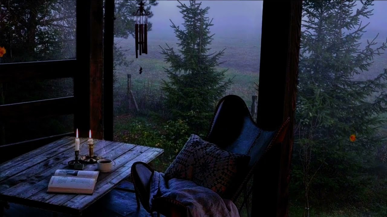 Cabaña acogedora al atardecer con velas y lluvia moderada | Sonido relajante | 1 hora