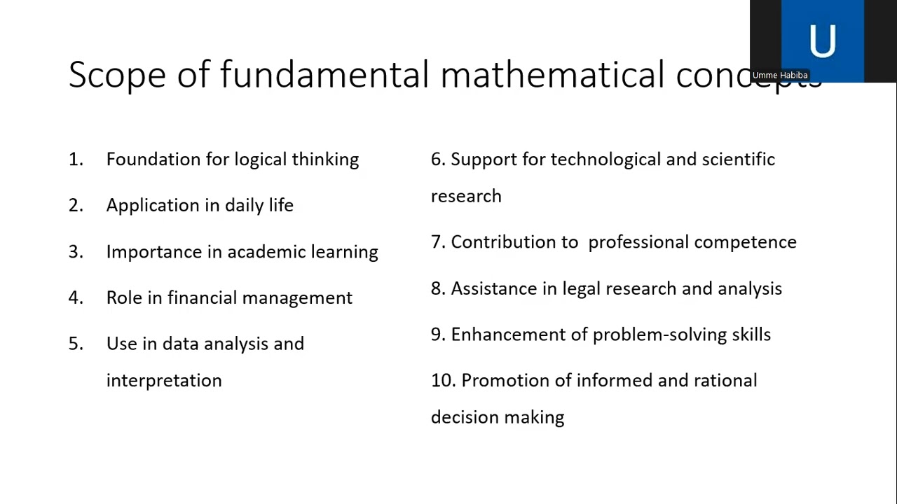 Fundamental mathematical concepts,importance, role and scope