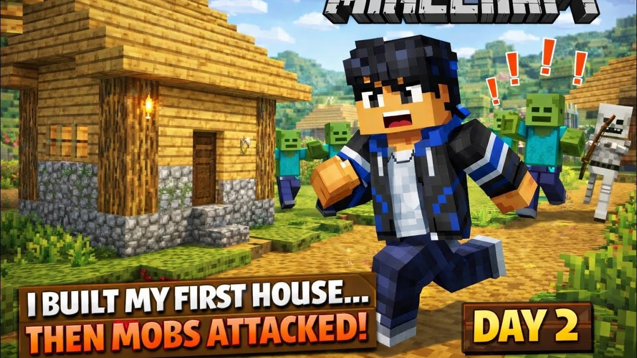 I Built My First House… Then Mobs Attacked! | Minecraft Day 2