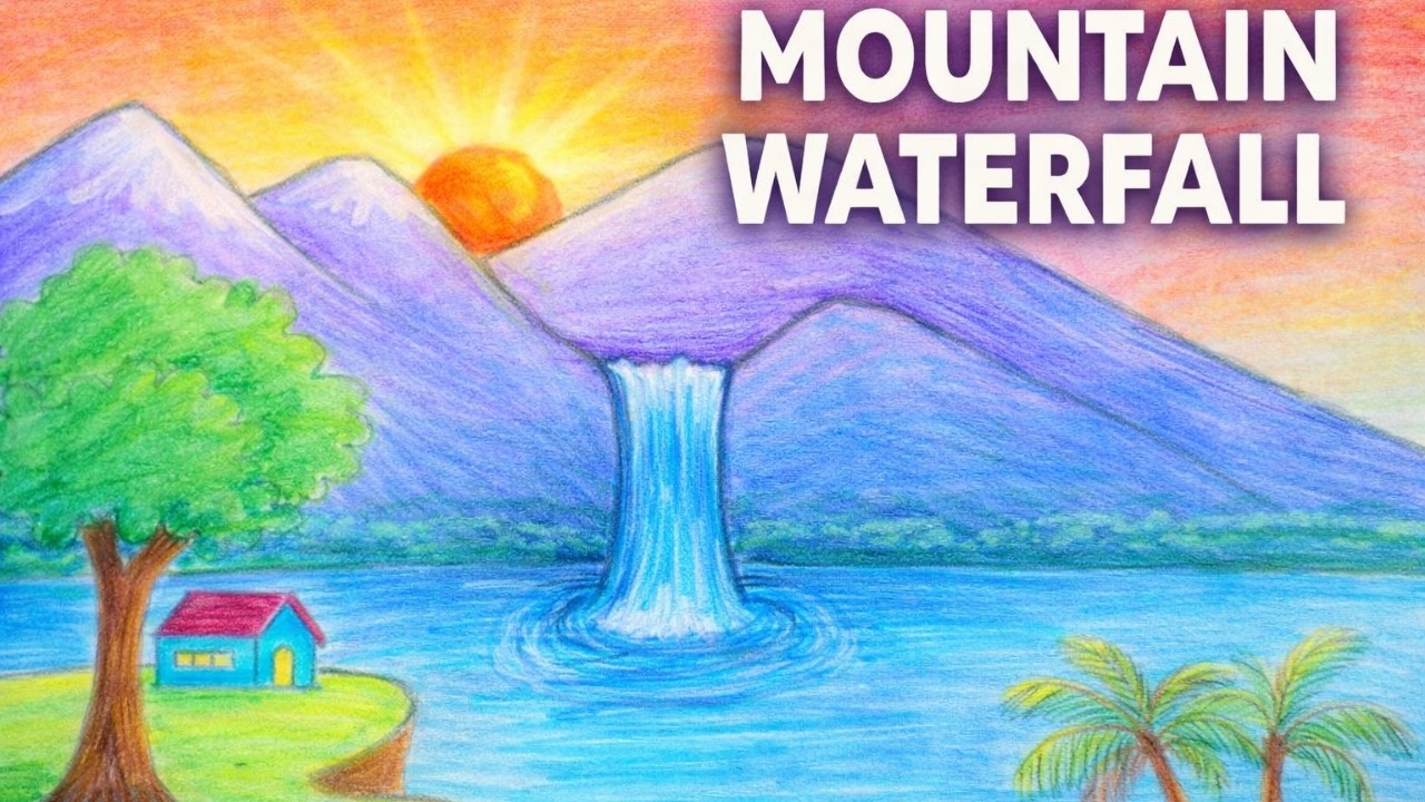 Easy Mountain Scenery Drawing With Waterfall &River|Colour Pencil Art