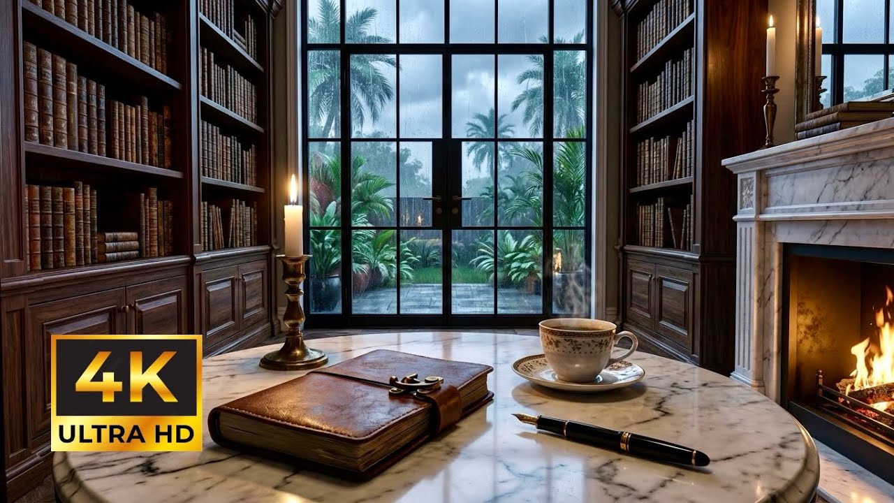 Rainy Library & Crackling Fireplace | Deep Meditation & Study Ambience 🏔️🔥🌧️