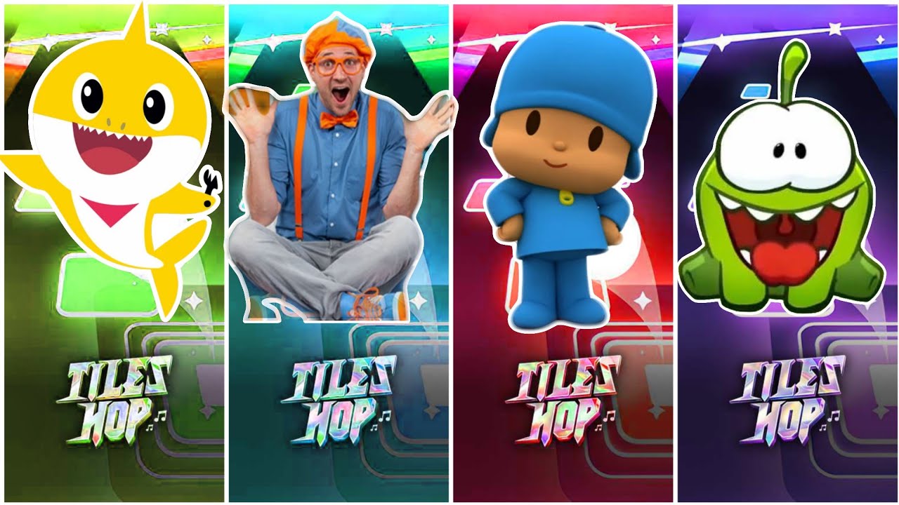 Baby Shark vs Blippi vs Pocoyo vs Om Nom....Tiles Hop EDM Rush Gameplay || Who Will Win??😜