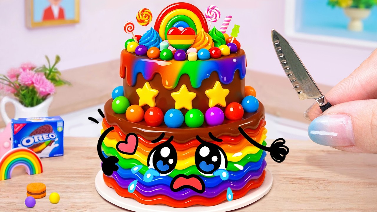 🎂Satisfying Rainbow Drip Chocolate Cake Decorating ASMR🎂ASMR Mini Cake & Doodle Style