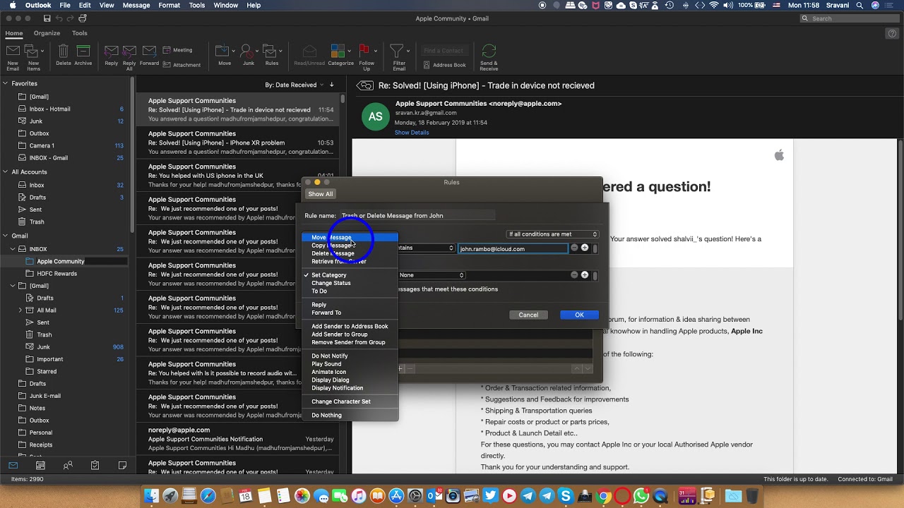 Email Rule Setting on MacOS using Outlook