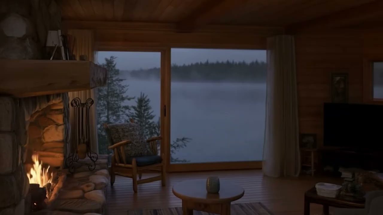 Cozy Fireplace in a Lakeside Cabin