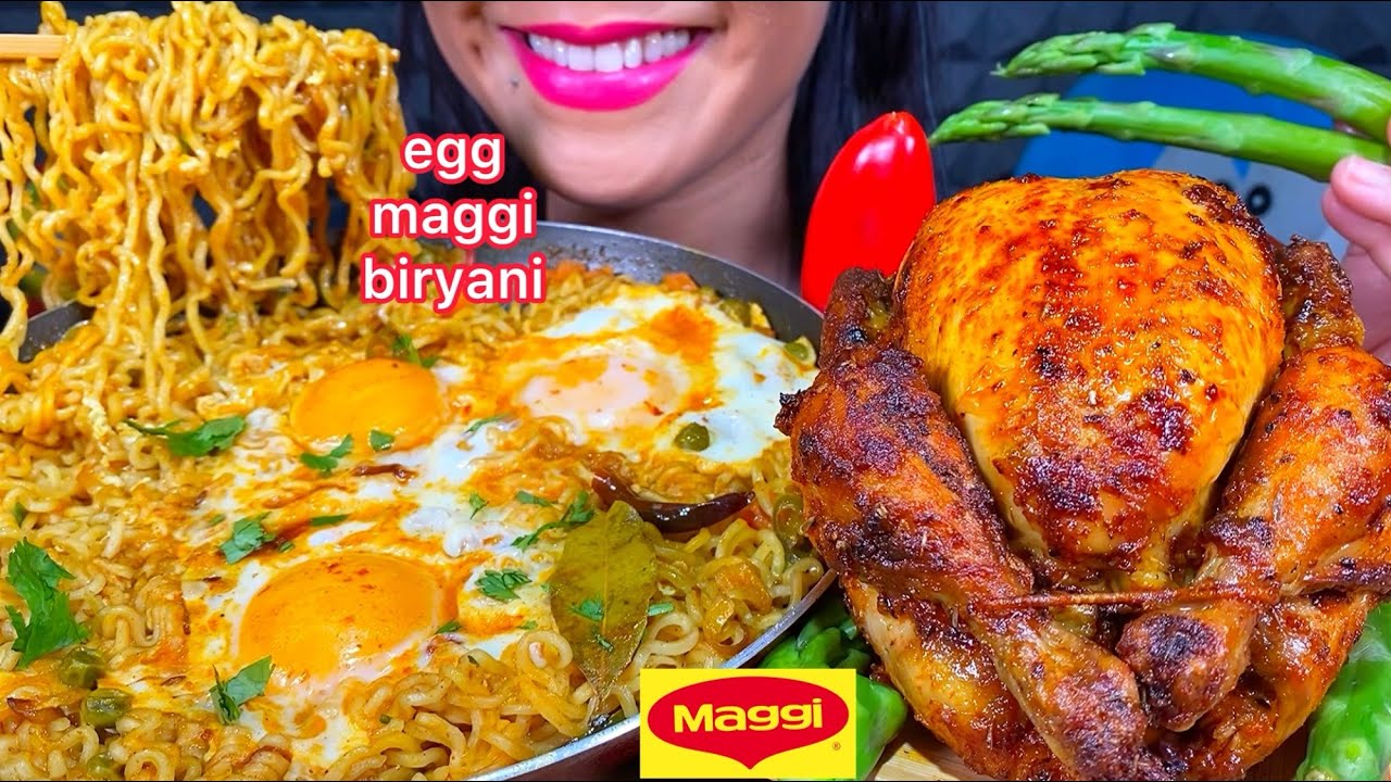 ASMR EGG MAGGI BIRYANI, WHOLE ROAST CHICKEN, PEPPER, ASPARAGUS MASSIVE Eating Sounds