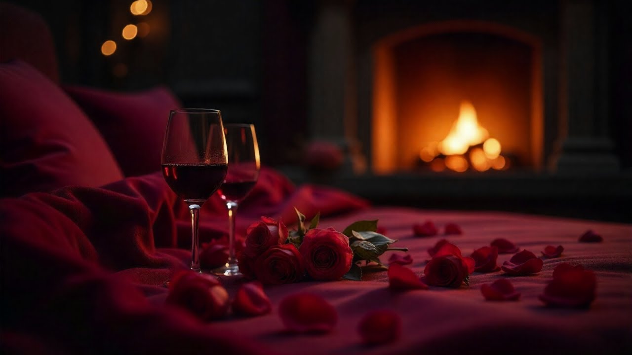 Romantic Music for Love Night💓Crackling Fireplace & Love Making Music 3 Hours, Wine and Chill Music