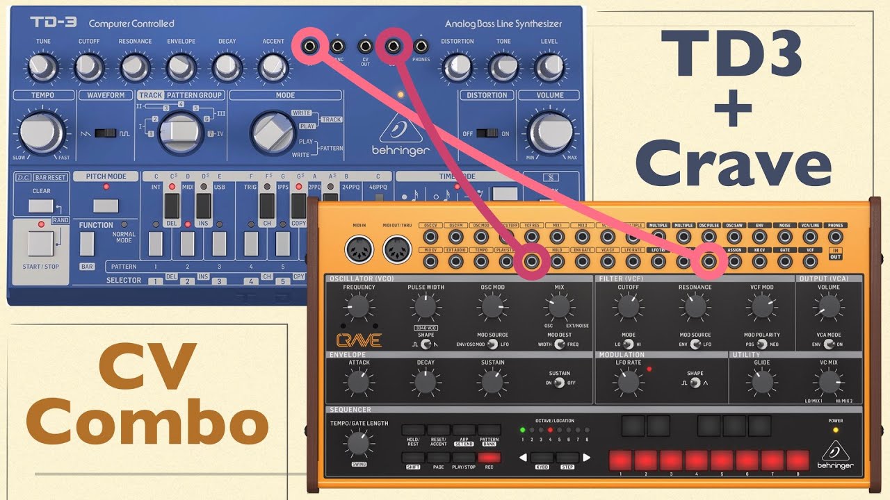 Behringer Crave + TD-3 combination using CV tutorial. Patch Ideas