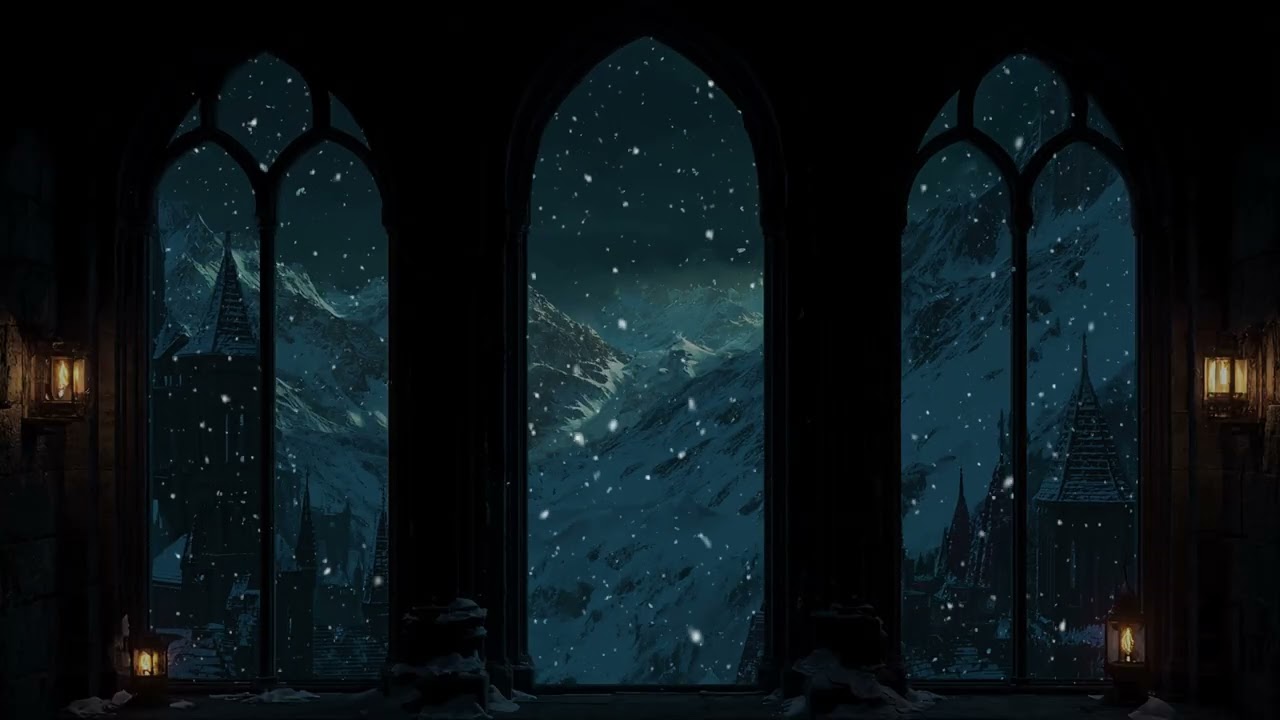 Hogwarts Snowfall Window Night View | Cozy Winter Ambience & Gentle Wind Sounds for Sleep and Study