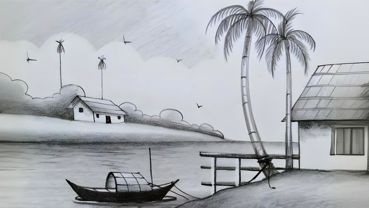 prakritik drishy/Autumn scenery drawing pencil/শরৎকালের দৃশ্য আঁকা/গ্রামের দৃশ্য/দৃশ্য আঁকা/ছবি আঁকা