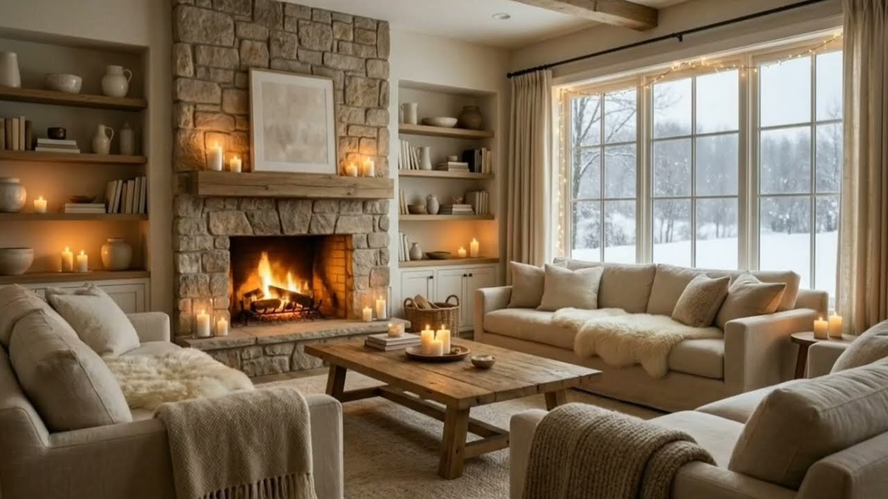 Cozy Winter Fireplace Ambience 4K | Snowy Window, Candlelight & Hygge Living Room