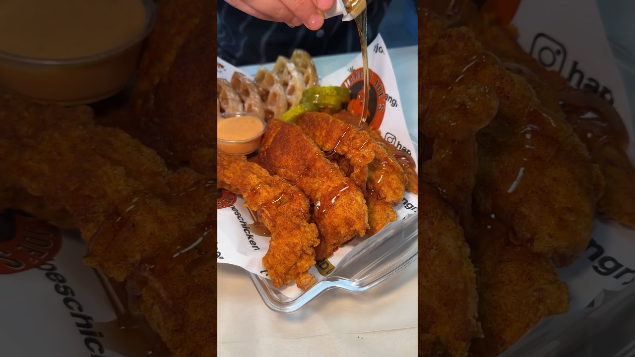 The HOT CHICKEN WAFFLES from Hangry Joe&rsquo;s in Coney Island NYC! 🍗🧇💦🤤 #DEVOURPOWER