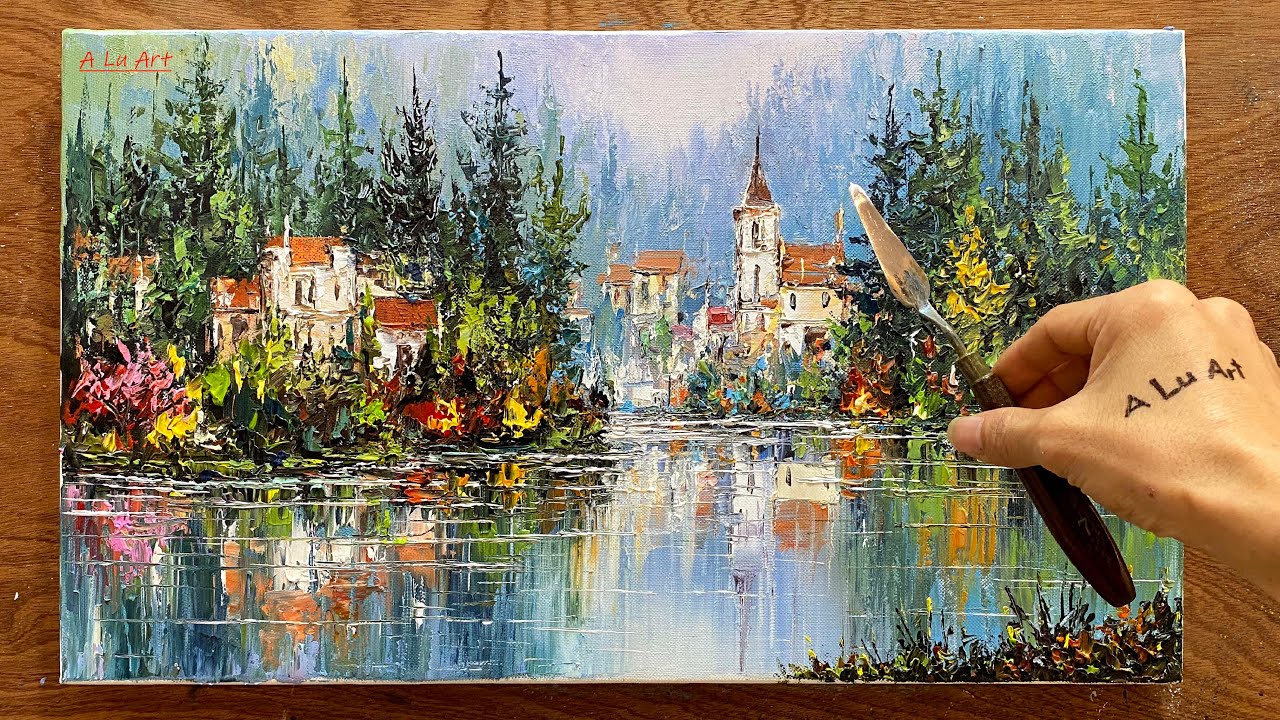 Painting landscapes with a paint mixing knife /#87/ The landscape of houses on the lake shore