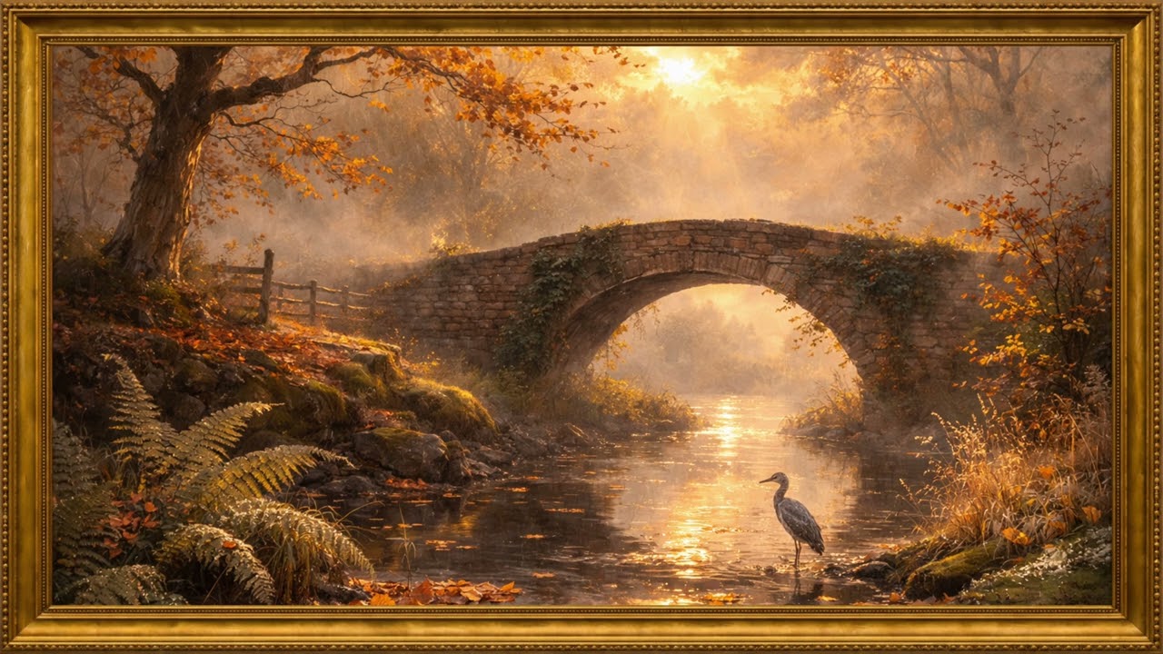 Old Stone Bridge in Autumn Mist | 4K Framed Art Screensaver | 2 Hours Silent Painting for Your TV