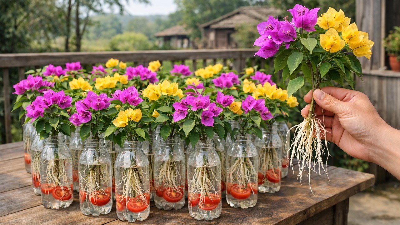 Amazing! Bougainvillea is growing like crazy in a plastic bottle filled with tomatoes.