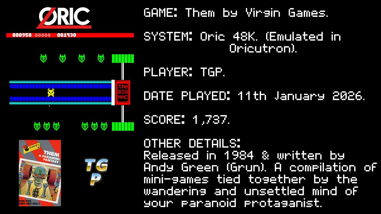 Them - Virgin Games - Oric-1 / Atmos 48K (Emulated, Oricutron) - Level A, Cycle - 1,737 points.